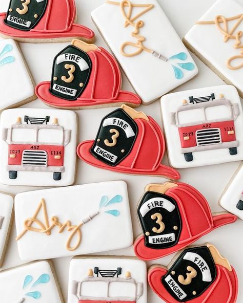 Fire Truck Cookies, Fire Truck Cookies Royal Icing, Fire Dept Cookies Decorated, Firefighter Birthday Cookies, Fire Truck Birthday Cookies, Fireman Cookies, Fire Cookies, Firefighter Cookies, Fire Hydrant Cookies