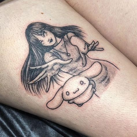 tomie x cinnamoroll for clem <3 inspired by the ito x sanrio collab, but we wanted to combine these two characters instead! used a different ito illustration and i'm obsessed with the outcome!! thank u again friend (': . . . #tattoo #tattooapprentice #tattooartist #tattoostudent #pdxtattoo #portlandtattoo #queertattooartist #queertattooers #portlandtattooartist #oregontattoo #pnwtattoo #animetattoo #animetattooer #manga #mangapanel #mangatattoo #mangapaneltattoo #animetattooartist #sanriotatt... Tomie Junji Ito Tattoo, Junji Ito Tattoo Ideas, Tomie Tattoo, Cinnamoroll Tattoo, Junji Ito Tattoo, Oregon Tattoo, Pnw Tattoo, Portland Tattoo, Astrology Tattoo