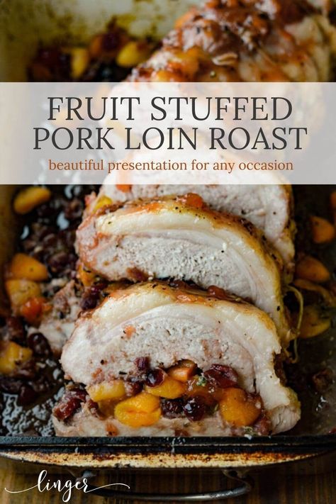 This tender and juicy Fruit Stuffed Pork Loin Roast with Peach Glaze is bursting with flavors of garlic, fresh herbs, and fruit. An elegant and impressive presentation for Easter, especially your next dinner party. #porkroast #stuffedpork #fruitstuffedpork #porkloinroast #easter Stuffed Pork Loin Roast, Peach Glaze, Stuffed Pork Loin, Rolled Roast, Pork Loin Roast Recipes, Stuffed Pork, Pork Loin Recipes, Tenderloin Recipes, Pork Loin Roast