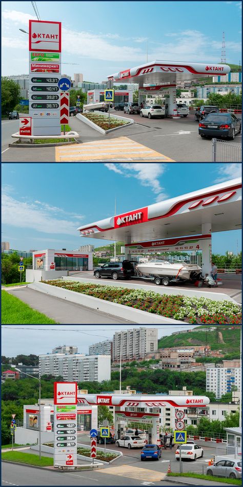 Future design of filling stations "OKTANT" | 2020 on Behance Gas Station Design Architecture, Gas Station Design, Architecture Model Trees, Fuel Station, Bedroom Bungalow, House Outer Design, Commercial Complex, Modern Villa Design, Brick Architecture