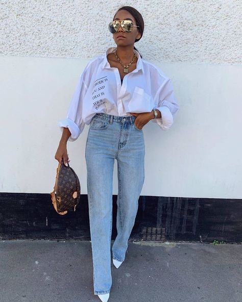 Denim Jeans Get A Yes From Us 😍 @charliekamale wearing our Hattie White Slogan Oversized Shirt Dress & Perrie Denim Straight Leg Split… Oversized Blouse Outfit, Long Shirt Outfits, Oversized Shirt Outfit, Oversized White Shirt, White Shirt Outfits, Shirt Dress Outfit, Oversized Shirt Dress, Leg Split, June 3rd