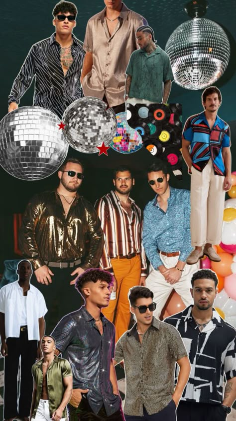 Glitz And Glam Party Theme Outfit Men, Disco Themed Party Outfit Men, Men’s Disco Party Outfit, Glitz And Glam Men Outfit, Disco Party Outfit Ideas Men, Modern Disco Outfit Men, 70s Disco Party Outfit Men, Disco Glam Outfits Men, Men Disco Outfit