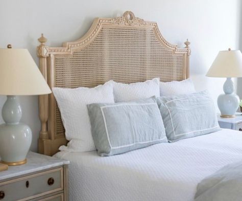 Frontgate Bedroom, French Cane Bed, Floral Headboard, Cane Headboard, French Beds, Bedroom 2022, French Headboard, Cane Bed, Rattan Bed