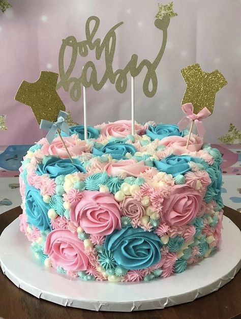 Pink And Blue Rosette Cake, Baby Shower Cake Designs Pink And Blue, Pink And Blue Birthday Cake, Pink And Blue Birthday Party, Cupcake Icing Decorating, Pink And Blue Cake, Gender Cake, Cake Gender Reveal, Decorating Icing Recipe