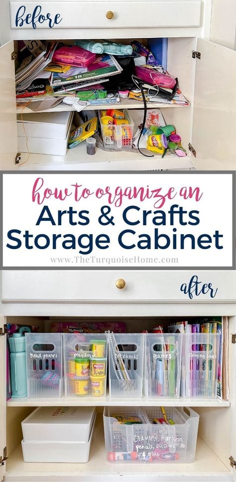 How to Organize an Arts & Crafts Storage Cabinet Arts And Craft Storage, Crafts Storage Ideas, Arts And Crafts Cabinet, Craft Organizer Cabinet, Kids Art Storage, Kids Craft Storage, Craft Storage Ideas, Craft Storage Cabinets, Crafts Storage