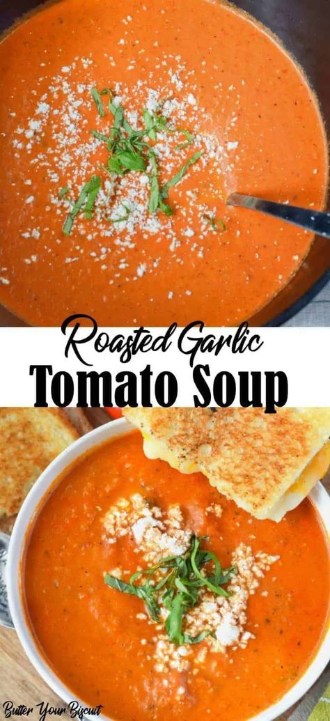 Homemade Tomato Soup Roasted, Roasted Garlic Tomato Soup, Garlic Tomato Soup, Roasted Tomato Soup Recipe, Roast Tomato Soup Recipe, Parmesan Croutons, Tomato Bisque Soup, Bisque Soup, Tomato Soup Homemade