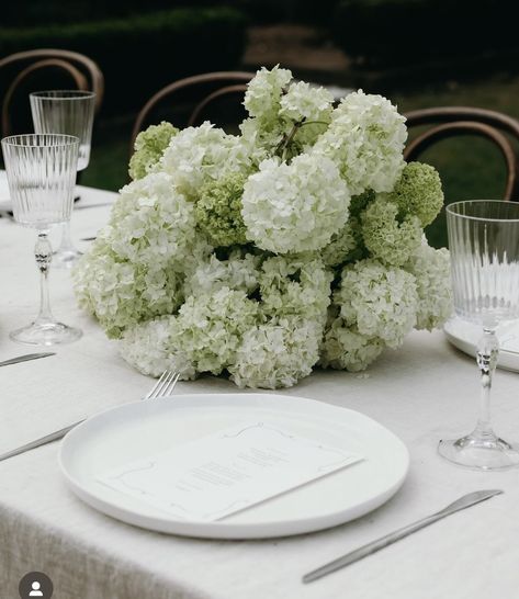 White Ikebana Arrangements, Bridal Flowers Hydrangea, Wedding Table Hydrangea, White And Green Wedding Tablescape, White Hydrangea Table Arrangements, Green Table Scape Wedding, Backyard Wedding Tablescape, Green And White Hydrangea Wedding, White And Green Hydrangea Wedding