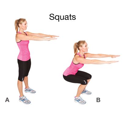 Squats. How to do it: Stand with your feet shoulder width apart and arms straight out in front of you. Squat down until knees are parallel to the floor. Don’t bend below parallel. Return to the starting position and repeat. Best Workout For Women, Fitness Studio Training, Exercise To Reduce Thighs, Air Squats, Basic Workout, Muscles In Your Body, Thigh Fat, Thigh Exercises, Belly Workout