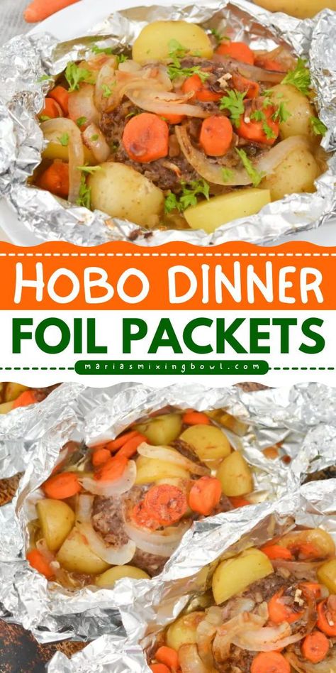 A hobo dinner recipe in the oven for easy cooking and cleanup! Loaded with ground beef and veggies, these foil packets are a delicious main dish. So grab some tin foil and try this dinner idea for tonight! Hobo Dinner, Tin Foil Dinners, Hobo Dinners, Hamburger And Potatoes, Beef Potatoes, Foil Pack Dinners, Foil Packet Dinners, Foil Pack Meals, Foil Dinners