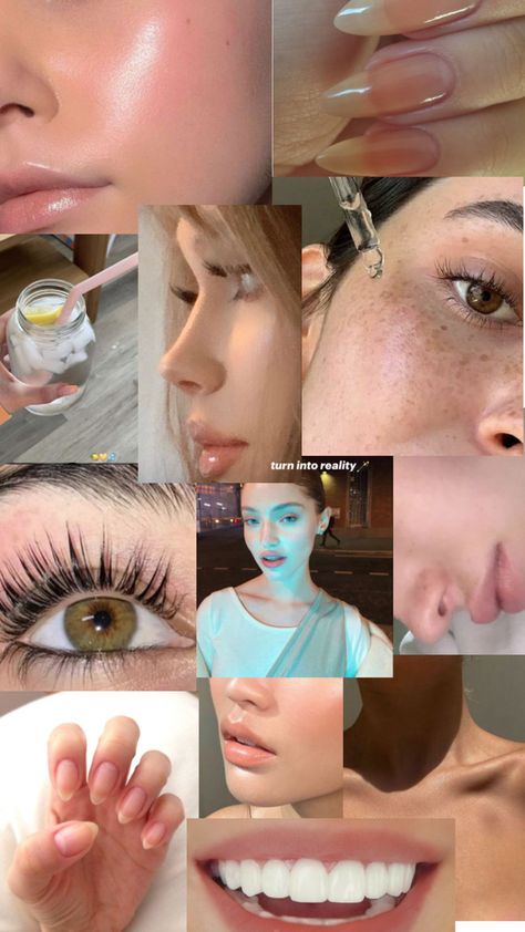 Dream skin, eyes, lashes, nails manifestation vision board Vision Board Lashes, Appearance Vision Board, Beauty Goals Aesthetic, Beauty Manifestation Vision Board, Manifesting Glow Up, Beauty Goals Vision Board, Face Vision Board, Subliminal Vision Board, Beauty Manifestation