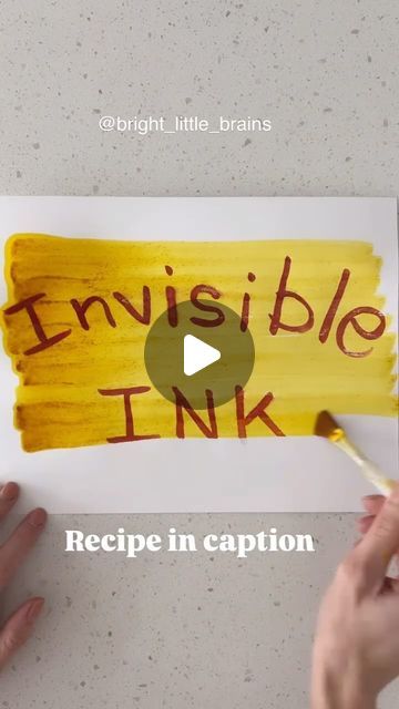 Rozanne | Bright Little Brains on Instagram: "SAVE this recipe to make Invisible Ink! 🙌🏻 

YOU’LL NEED: 
1. Baking soda
2. Water
3. Turmeric
4. Hand Sanitizer 
5. Craft paper
6. Paint brushes/ Q-tips

INSTRUCTIONS: 
1. In one bowl, mix a scoop of baking soda and water until it forms a watery paste. 
2. Mix a scoop of turmeric and sanitizer in another bowl until it’s watery. 
3. Dip a Q-tip or paint brush in the baking soda mixture and paint a design or make a hand print on the paper. 
4. Please wait a minute for it to dry.
5. Use a paintbrush and paint over the design with the turmeric mixture. 
6. See how your design magically appears!💫 

🎃Please note that turmeric can stain! Work on a covered surface, and it is best to do this activity with children older than 4! 

Have FUN!!!" Magic Painting For Kids, Diy Invisible Ink, Q Tip Painting, Wait A Minute, Invisible Ink, Kid Experiments, Ink Crafts, Kids Projects, Homeschool Art