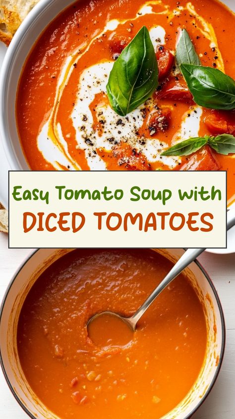 Indulge in the comforting flavor of homemade tomato soup with diced tomatoes. This easy recipe is perfect for a cozy night in or a quick lunch. With just a few ingredients, you can whip up this classic soup that is full of rich, savory goodness. Serve it alongside grilled cheese or enjoy it on its own for a satisfying meal that will warm you from the inside out. Whether you're cooking for your family or hosting guests, this tomato soup is sure to be a hit. Hi Made Tomato Soup, Tomato Cottage Cheese Soup, Tomato Soup From Canned Diced Tomatoes, Easy Tomato Soup Recipes Quick, Diced Tomato Soup, What Can I Do With Tomatoes, Homemade Tomato Soup Canned Tomatoes, Tomato Basil Soup With Canned Tomatoes, Homade Tomato Soup