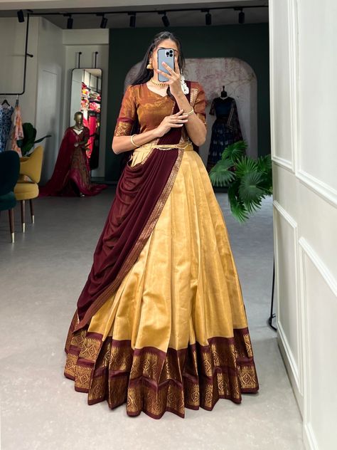 Kanchipuram Lehenga, South Indian Culture, Zip Stitching, Onam Outfits, Simple Lehenga, Half Saree Lehenga, Long Gown Design, Lehenga Designs Simple, Stitched Lehenga