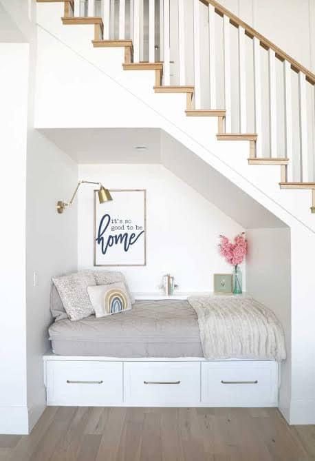 Under Stairs Reading Nook, Stairs Reading Nook, Under Staircase Ideas, Staircase In Living Room, Stairs Nook, Bed Under Stairs, Under Stairs Space, Under Stairs Storage Ideas, Stairs Storage Ideas