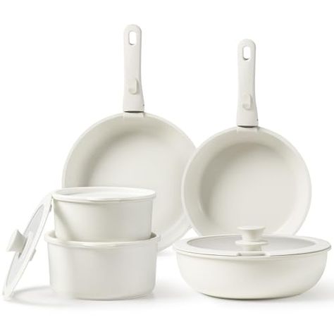 Limited-time deal: CAROTE 11pcs Pots and Pans Set Non Stick, Cookware Sets Detachable Handle, RV Kitchen Set Removable Handle, Oven Safe, Induction Ready, Stackable Non-Stick Set, Cream White Cream And White Kitchen, Non Stick Cookware, Ceramic Cookware Set, Kitchen Cookware Sets, Rv Kitchen, Nonstick Cookware Sets, Ceramic Cookware, Pots And Pans Sets, Nonstick Cookware