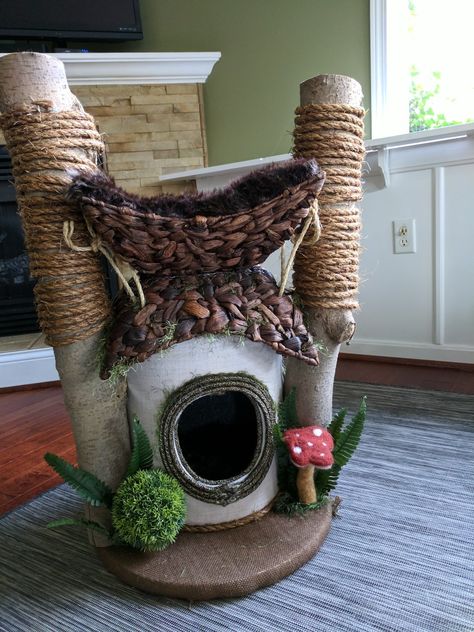 Kitten Setup Ideas, Cottagecore Cat Tree, Hobbit Cat House, Cat Hobbit House, Cat Room Setup, Diy Hobbit House, Cat Setup, Kitty Supplies, Ferret Room