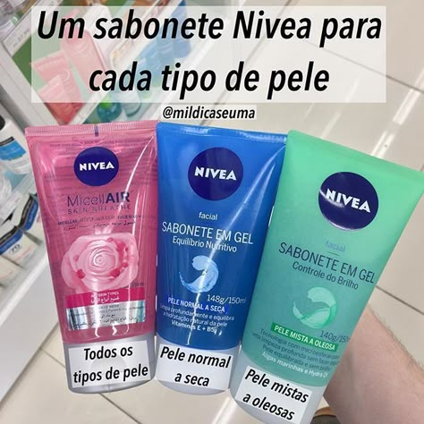 Sabonete Nivea para cada tipo de pele. #peleoleosa #peleseca #pelemista #sabonete #gel #barato #cheiroso Crédito: @mildicaseuma Make Skincare, Natural Beauty Secrets, Face Tips, Skin Care Benefits, Skin Care Spa, Instagram Blog, Diy Skin Care, Diy Skin, Perfect Skin