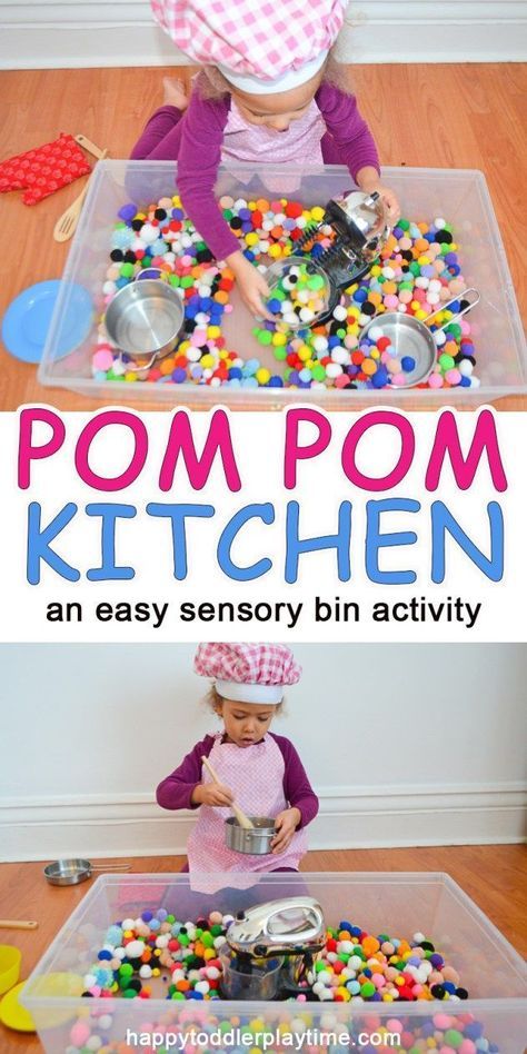 fun kitchen themed pom pom sensory bin! An easy sensory play activity for preschoolers and toddlers! Sand Art Projects, Preschool Sensory, Sensory Bin Ideas, Sensory Activities Toddlers, Play Activity, Sensory Ideas, Toddler Sensory, Daycare Activities, Sensory Table