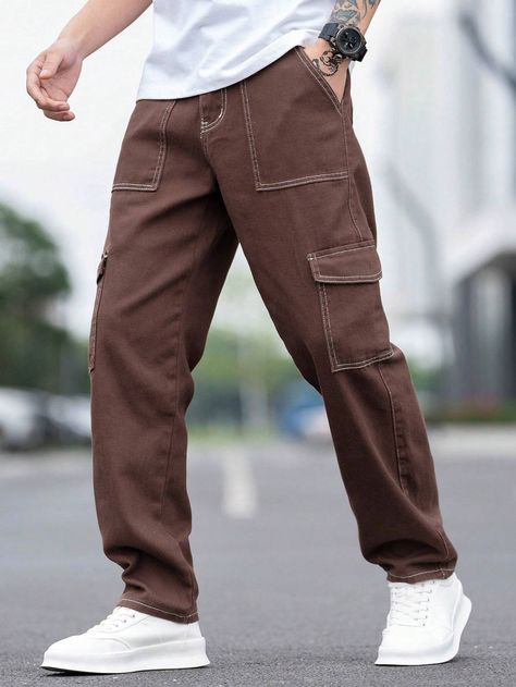 Manfinity Men Cotton Flap Pocket Side Cargo Pants | SHEIN USA Baggy Jeans Outfit For Men, Brown Baggy Pants Outfit Men, Baggy Jeans Outfit Men Mens Fashion, Baggy Pants Outfit Men, Baggy Brown Jeans, Baggy Jeans Outfit Men, Brown Cargo Pants Outfit, Clothing Palette, Baggy Jeans For Men