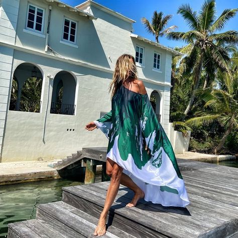 f4a4da9aa7eadfd23c7bdb7cf57b3112desc47998848ri Weather Print, Boho Chic Dress, Vacation Dresses, Daily Dress, Kimonos, Long Sleeve Casual, Look Fashion, Green Color, Green Dress