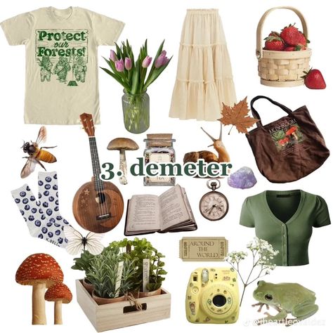 Demeter Aesthetic Outfit, Demeter Outfit, Earthly Outfits, Forest Aesthetic Outfit, Demeter Aesthetic, Cabin Clothes, Katie Gardner, Cabin Outfits, Style Collages