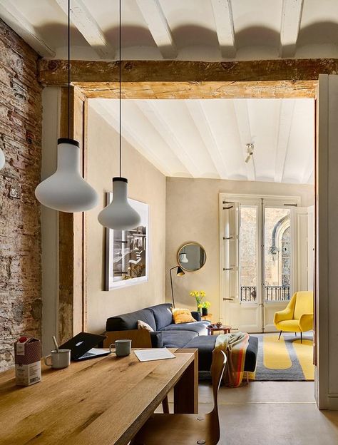 Barcelona Living Room, Barcelona Home Interiors, Spain Apartment, European Apartment, Barcelona Photos, Country Decor Diy, Spanish Home Decor, Barcelona Apartment, Open Plan Kitchen Living Room