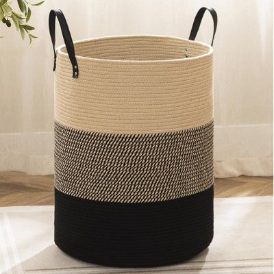 Material & Structure: The laundry basket combines cotton rope and excellent workmanship, ensuring durability and a long lifespan. No sharp edges, won't scratch walls. Odor-free storage for intimate clothes. | Gracie Oaks Laundry Hamper w / Handles 20.0 H x 15.0 W x 15.0 D, Cotton in Brown / Black | 20" H X 15" W X 15" D | Wayfair | Organization Rope Laundry Basket, Clothes Hamper, Bathroom Storage Organization, Large Baskets, Laundry Hamper, Cotton Rope, Gracie Oaks, Laundry Basket, Leather Handle