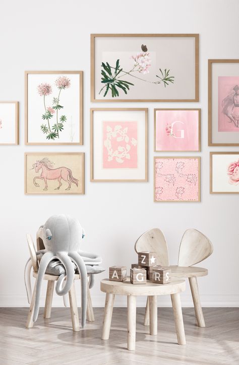 Girls Gallery Wall, Gallery Wall Nursery, Girls Playroom, Girl Bedroom Walls, Pink Wall, Pink Wall Art, Gallery Wall Set, Pink Walls, Girls Room