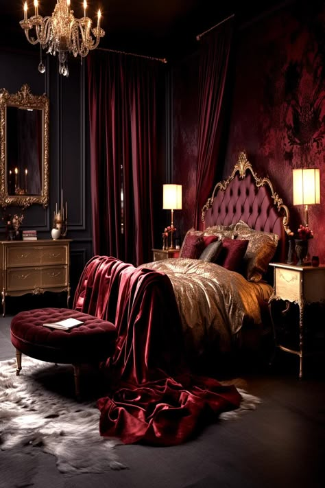 Lavish bedroom with a deep red velvet theme, golden chandelier, and ornate details showcasing Dark Cozy Bedroom Ideas for a Romantic Ambiance. Purple And Red Bedroom, Burgundy Bedroom Ideas, Red Bedroom Ideas, Dark Cozy Bedroom Ideas, Dark Romantic Bedroom, Burgundy Bedroom, Red Bedroom Design, Dark Feminine Bedroom, Purple Bedroom Ideas