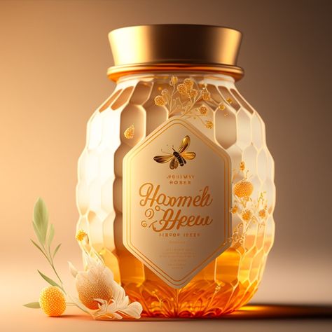 honey packaging made with artificial intelligence Honey Jar Design, Bee Packaging, Honey Pack, Nuts Packaging, Honey Label Design, Logo Bee, Jar Collection, Honey Label, Honey Photography