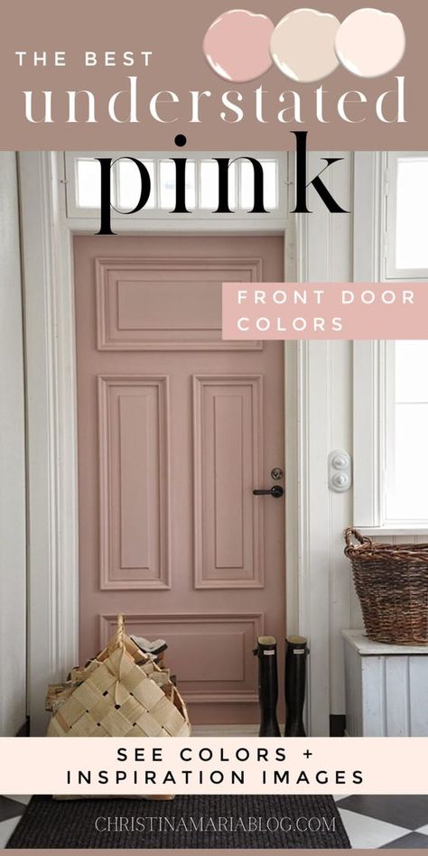 Which color front door is right for me? Take the free quiz and find out! - Christina Maria Blog Redend Point Front Door, Pink Door Grey House, Front Door Colors Pink, Gray House Pink Front Door, Pink French Doors, Soft Pink Front Door, Pink Door Black Shutters, Blush Pink House Exterior, Rose Colored Front Door