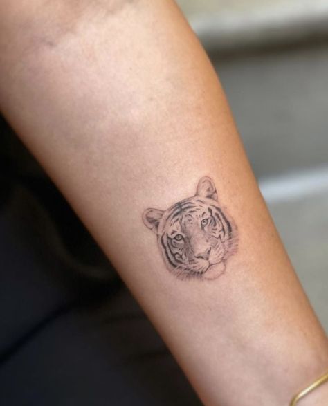 Tiger Matching Tattoos, Small Tiger Head Tattoo For Women, Tiger Face Tattoo For Women, Tiger Head Tattoo For Women, Small Tiger Head Tattoo, Tiger Tattoo Face, Fine Line Tiger Tattoo For Women, Leopard Face Tattoo, Feminine Tiger Tattoo For Women Arm