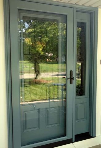 Dark Teal Front Door, Teal Front Door, Painted Storm Door, Painted Screen Doors, Front Door Sidelights, Front Door With Screen, Teal Front Doors, Teal Door, Glass Storm Doors