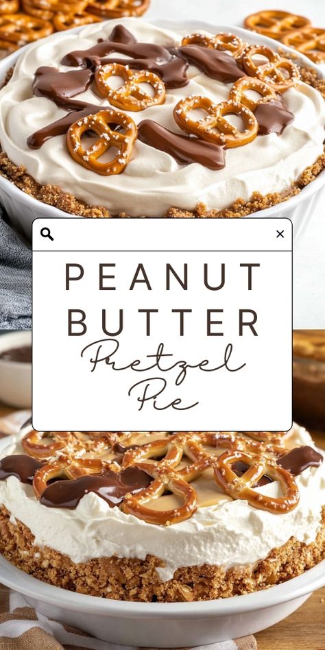 Peanut Butter Pretzel Pie  Ingredients:  Crust: 2 cups pretzels, crushed ¾ cup unsalted butter, melted Peanut Butter Filling: 1 cup powdered sugar 16 ounces cream cheese, softened 1¼ cup creamy peanut butter 1½ tsp vanilla extract 1 cup whipped topping Chocolate Pudding Layer: 2 (3.9 ounce) packages of instant chocolate pudding 3 cups milk Topping: 8 ounces whipped topping ½ cup pretzels, crushed ½ cup chocolate sauce  #Peanut #Butter #Pretzel #Pie Peanut Butter Pretzel Pie Recipe, Peanut Butter Pie With Pretzel Crust, Peanut Butter Chocolate Pretzel Pie, Pretzel Peanut Butter Pie, Pies With Pretzel Crust, Pretzel Crust Pie, Chocolate Pretzel Dessert, Jello Pretzel Dessert, Chocolate Pretzel Pie