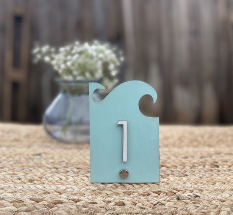 Beach Wedding Table Numbers, Custom Table Numbers, Wood Table Numbers, Beach Wedding Tables, Natural Stain Wood, Beach Events, Tent Cards, Wave Design, Dining Table Decor