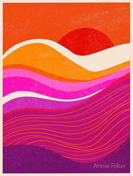 Mountain Sunset design by artist Annie Riker - Colorful warm modern mountains in pink, orange, red, and purple. Created in a linocut block printmaking style, and available for wall art prints, phone cases, clocks, mugs, pillows, stickers, and more! #blockprint #woodblock #sunset #mountainart #wallart #artlicensing #homedecor #annieriker #modernart Pink Orange And Purple Aesthetic, Bright Pink And Orange Aesthetic, Purple And Orange Graphic Design, Pink Orange Red Aesthetic, Hot Pink Orange Aesthetic, Lesbian Color Palette, Pink And Orange Design, Pink Purple Orange Color Palette, Block Colour Art