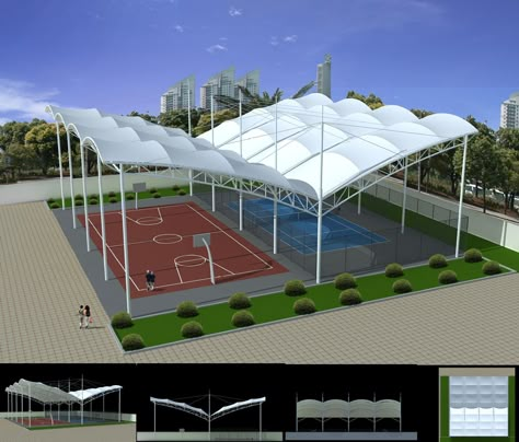 BDiR Inc. creates custom tensile fabric covers for school, university, and athletic park Basketball/tennis/badminton court facilities. We can provide the appropriate shelter for your courts, bleachers, stadium seating, and more. . . . . #tensilestructure #fabriccanopy #canopy #courts #covers #fabriccovers #roof #outdoorcourt #basketball #tennis #badminton #shelter #tentshelter #tent #pvdf #ptfe #membranecanopy Tennis Court Design Ideas, Indoor Futsal Court Design, Covered Tennis Court, Tennis Court Design, Basketball Arena, Backyard Court, Sports Facility Architecture, Home Basketball Court, Basketball Court Backyard