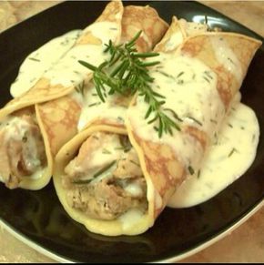 Chicken and mushroom crepes | BigOven Rosemary Cream Sauce, Crepes Sweet, Mushroom Crepes, Dinner Crepes, Crepe Recipe Savory, Mushroom Crepe, Chicken Crepes, Herbed Chicken, French Chicken