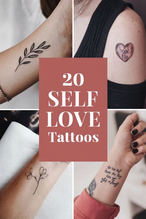 20 self-love tattoo designs, featuring heart, floral, and motivational text tattoos on different parts of the body. Divorce Tattoo Ideas For Women, Self Compassion Tattoo Ideas, Tattoos For When You Feel Lost, Tattoos That Represent Resilience, Strength And Healing Tattoos, Tattoos For Growth And Strength, Worth Tattoo Symbol, Tattoos That Represent Change And Growth, Empowerment Tattoos For Women