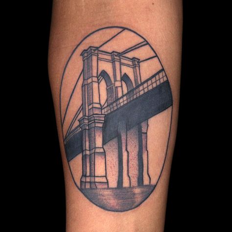 Brooklyn Bridge Tattoo by Jessa Bigelow Brooklyn Tattoo Ideas, Bay Bridge Tattoo, Bridge 4 Tattoo, Brooklyn Bridge Tattoo, London Bridge Tattoo, Brooklyn Bridge Tattoo Design, Bixby Bridge Tattoo, Bridge Tattoo, Brooklyn Tattoo