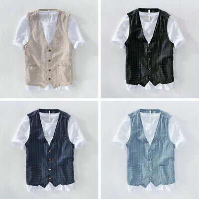 Men Linen Look Striped Gilet Sleeveless Jacket Suit Top Vest... Summer Cotton Vest With Moisture-wicking, Tailored Single-button Vest, Military Cotton Vest For Streetwear, Tailored Single-breasted Tweed Vest, Stripe Vest, Vest Jackets, Military Cotton Vest For Outdoor, Men's Waistcoat, Jacket Suit