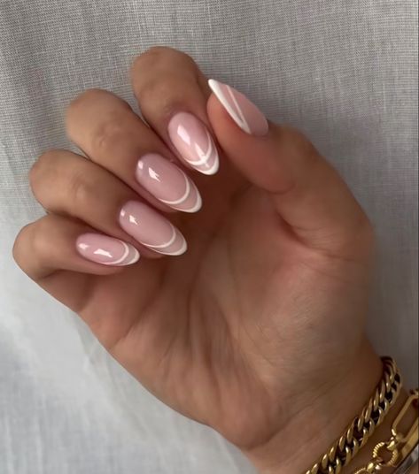 French Nails Double Line, Graphic French Tip Nails, Two Line French Nails, Double Line French Tip Nails, Double French Tip, Almond Nail Art, Almond Nail, French Tip Nails, Almond Nails