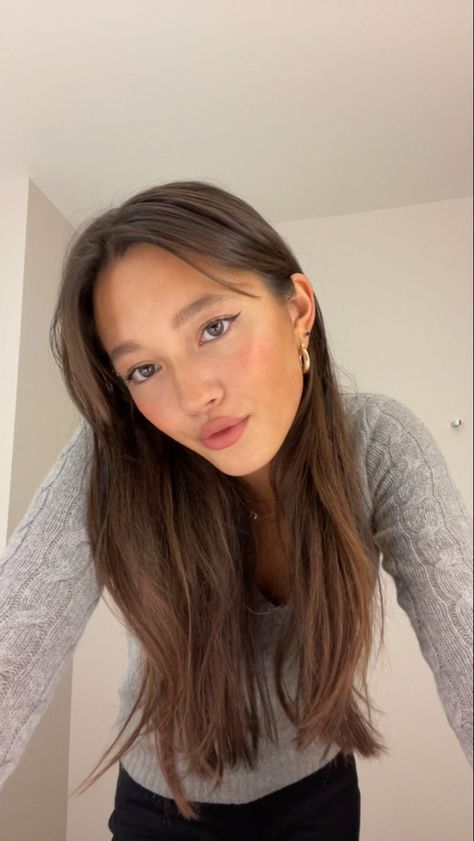 Asian With Brown Highlights, Light Brown Hair For Asian Women, Natural Asian Hair Color, Lily Chee Haircut, Minimal Long Layers, Medium Brown Hair Asian, Lily Chee Makeup, Asian Hair 2023, Layered Hair With Bangs Asian