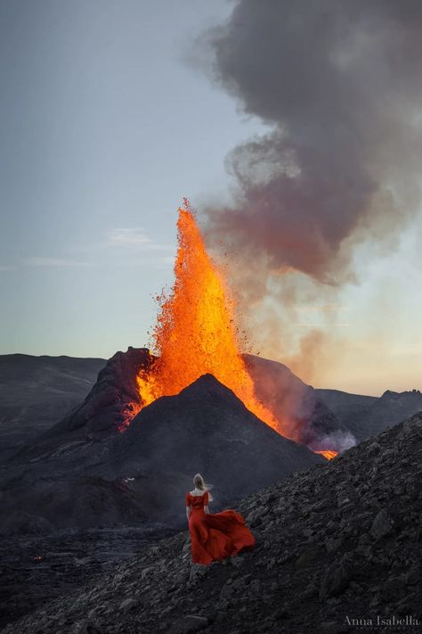 Woman in Red Dress Posing in Front of Fagradalsfjall Volcano in Iceland Erupting Volcano, Weather Snow, Photography Journey, Self Portrait Photography, Iceland Travel, Travel Goals, Landscape Photos, Beautiful Photography, Mother Earth