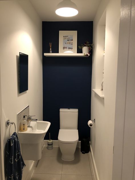 Dulux Sapphire Salute Cloakroom Toilet Ideas, Over The Toilet Organizer, Council Flat, Downstairs Toilet Ideas, Flat Makeover, Toilet Organizer, Small Toilet Design, Vinyl Siding Installation, Dark Blue Bathrooms