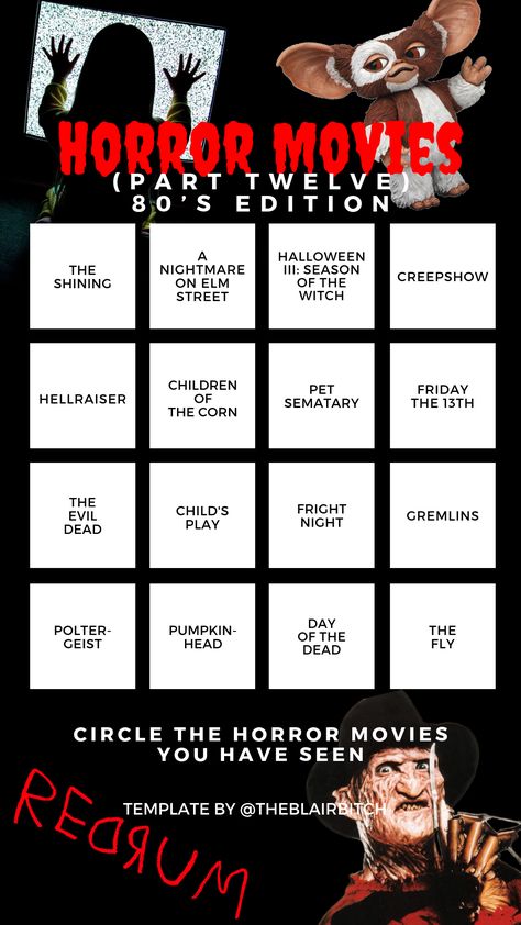 Horror Movie Bingo (Part Twelve 80’s Edition) Instagram Story Template Horror Movie Bingo, Horror Movie Challenge, Bingo Movie, Bullet Journal Netflix, Mob Aesthetic, Halloween Movie Night Party, 80s Horror Movies, Classic Scary Movies, Movie Bingo