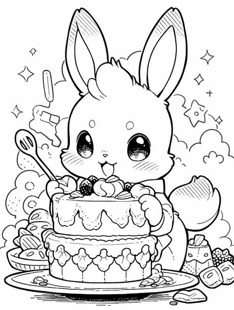 Coloring page - a rabbit with a cake #awesome Rabbit Coloring Pages, Chibi Coloring, Chibi Coloring Pages, Garden Coloring Pages, Color Drawing Art, Adult Coloring Designs, Detailed Coloring Pages, Free Adult Coloring Pages, Fall Coloring Pages