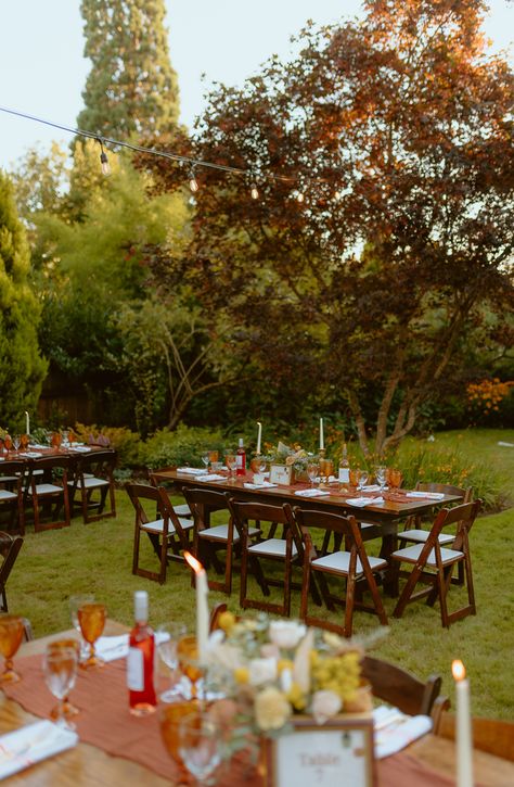 Whimsical Garden Portland Backyard Wedding | Junebug Weddings Whimsical Garden Wedding Ceremony, Whimsical Outdoor Dinner Party, Whimsical Garden Wedding Invitations, Moody Secret Garden Wedding, Succop Nature Park Wedding, Terracotta Color Palette, Small Backyard Wedding, Gold Candle Sticks, Garden Venue