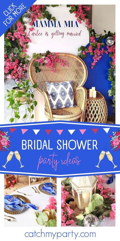 Don't miss this Mamma Mia-inspired Bridal Shower! The party decorations are fabulous! See more party ideas and share yours at CatchMyParty.com Mama Mia Shower Theme, Mama Mia Bridal Shower Ideas, Momma Mia Bridal Shower Theme, Mamma Mia Theme Party Decorations, Mama Mia Bridal Shower Theme, Mamma Mia Bridal Shower Theme, Mamma Mia Party Decorations, Mamma Mia Wedding, Bridal Shower Table Decorations