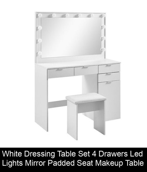 Led Lights Mirror, Ikea Dressing Table, White Dressing Table, Soft Stool, Room Wishlist, Small Dressing Table, White Dressing Tables, Dressing Table Stool, White Room Decor